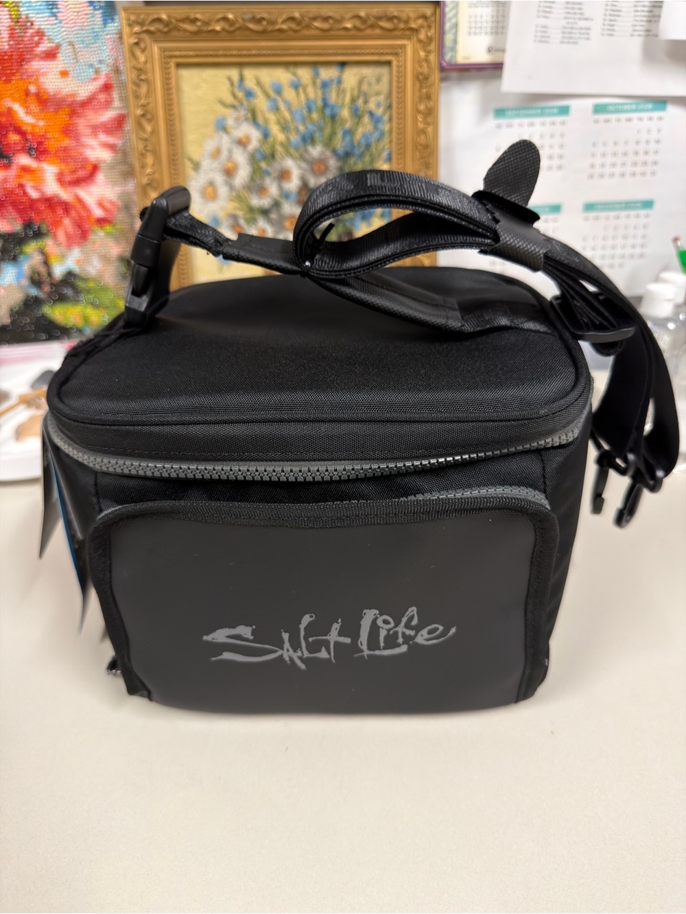 SALT LIFE Black Gray Logo Insulated Zip Lunch Bag Cooler w/2 Crossbody Strap